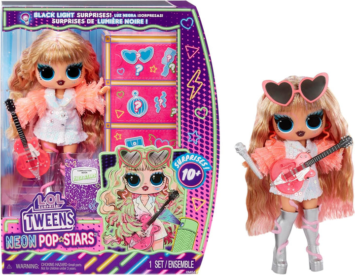 L.O.L. Surprise! Tweens Neon Pop Stars - Kitty K - 1 păpușă la modă cu surprize retroiluminate și 10+ costume și accesorii Pop Star, inclusiv micro-benzi retro, cadou pentru copii 4+