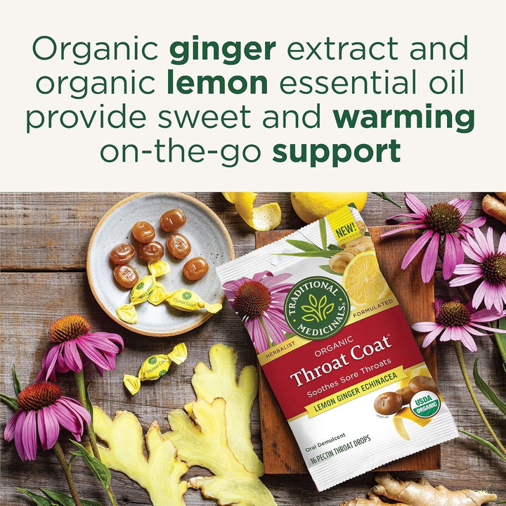 Lozenges, Organic Throat Coat Lemon Ginger Echinacea, Sore Throat Support, 16 Individually Wrapped Lozenges Tea USA Naty Shop