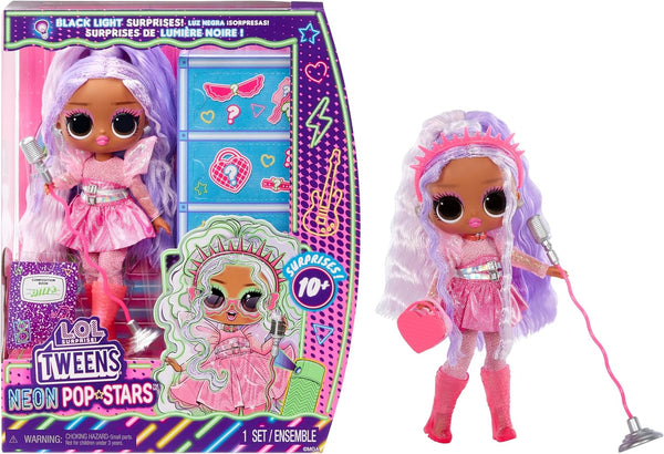 L.O.L. Surprise! Tweens Neon Pop Stars - Kitty K - 1 păpușă la modă cu surprize retroiluminate și 10+ costume și accesorii Pop Star, inclusiv micro-benzi retro, cadou pentru copii 4+