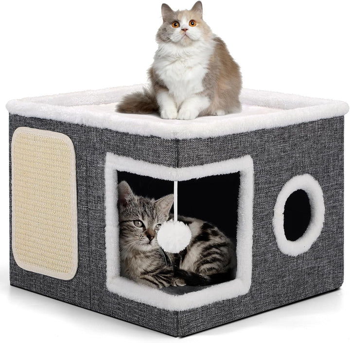 Căsuță pentru pisici Shikha cu 3 straturi, peșteră pliabilă pentru pisici mari, 40L*40l*63H cm, cub pentru pisici de interior, divizibilă în 2 peșteri mari pentru pisici cu ascunzătoare pentru pisici, pat pentru pisici cu zgârietură și minge de joacă