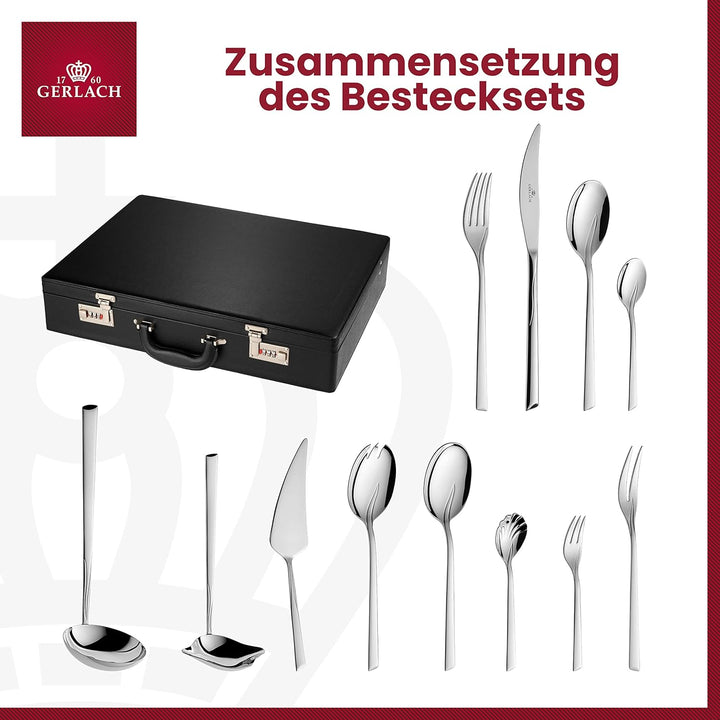 Gerlach Flames Besteck-Set 12 Personen Spülmaschinenfest Essbesteck Edelstahl Elegantes Tafelbesteck Messer Gabel Löffel Teelöffel Kuchengabel Soßenlöffel Kuchenspachtel Glänzend Rostfrei 68 Stk