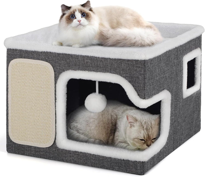 Căsuță pentru pisici Shikha cu 3 straturi, peșteră pliabilă pentru pisici mari, 40L*40l*63H cm, cub pentru pisici de interior, divizibilă în 2 peșteri mari pentru pisici cu ascunzătoare pentru pisici, pat pentru pisici cu zgârietură și minge de joacă