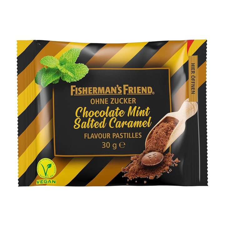 Fisherman's Friend Chocolate Mint Salted Caramel, pastile cu aromă de ciocolată, mentă și caramel sare, bomboane fără zahăr și vegane, 20 x 30g