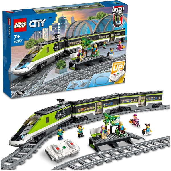 LEGO City Passenger Express Train, set cu tren controlat de la distanță, jucărie feroviară cu faruri, 2 vagoane și 24 de elemente de cale, cadou pentru copii, băieți și fete 60337