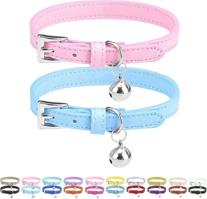 PUPTECK Zgardă pentru pisici din piele moale cu clopoțel pentru pisoi, 2 buc., portocaliu, violet, negru, kaki, albastru, roz-roșu, 22,1-26 cm (alb și verde închis, 22,1-26 cm)