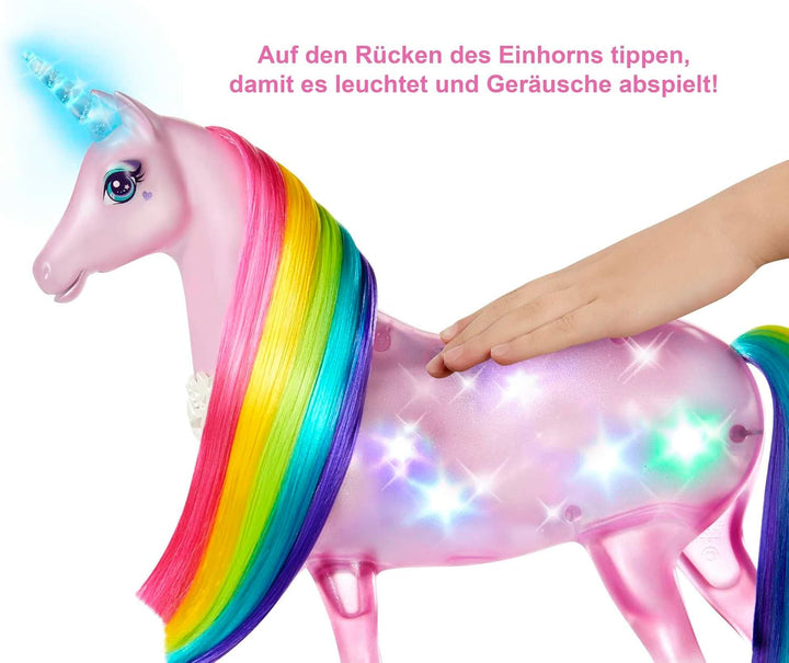 Barbie Dreamtopia Magical Magic Light Unicorn, cu 25+ lumini și sunet, incl. păpușă Barbie și unicorn, cadou pentru copii, jucărie de la 3 ani, GWM78