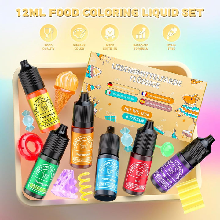 Lebensmittelfarbe 6 Farben X12Ml, Hochkonzentriert Lebensmittelfarbe Flüssig Zum Backen, Lebensmittel Farben Food Coloring Set Für Fondant, Christmas Kuchen, Macarons,Donuts,Kekse (Regenbogen)