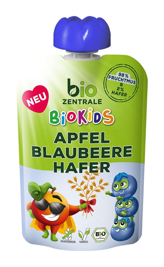 Biozentrale Biokids Fruchtmus Apfel Blaubeer Hafer | 12 X 90G | Veganer Frucht-Hafer-Snack | Ohne Kristallzuckerzusatz