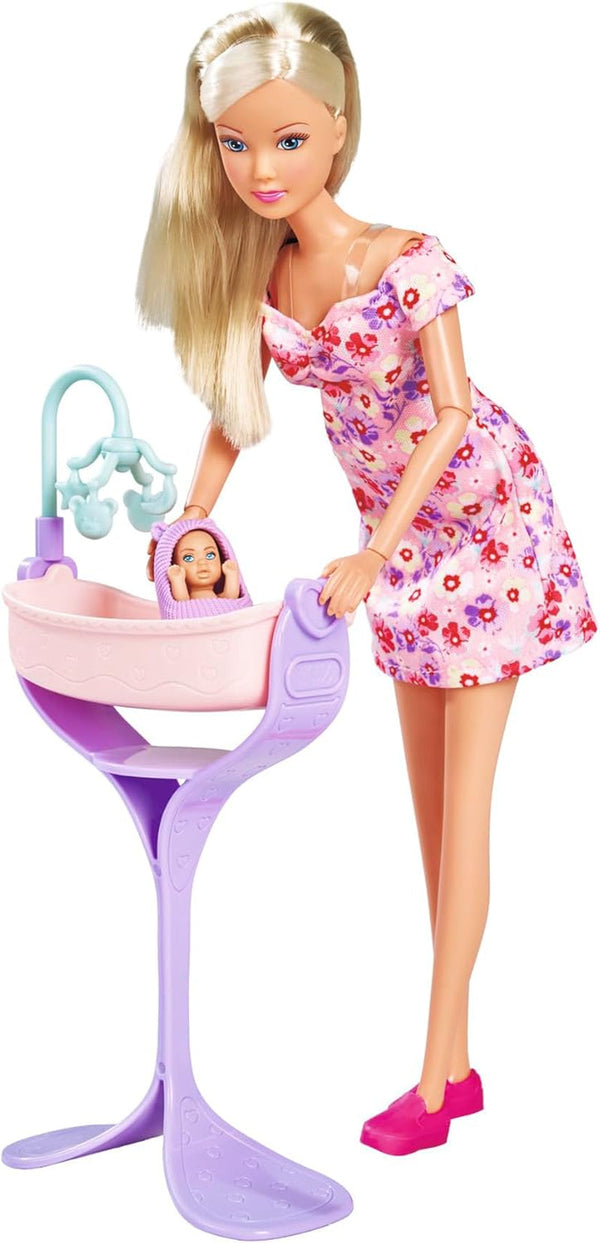 Simba 105733680 Steffi LOVE Doll Hello Baby (29 Cm) - Păpușă de joacă gravidă cu burtă în creștere, păpușă și accesorii - jucărie pentru copii pentru fete și băieți de la 3 ani, negru