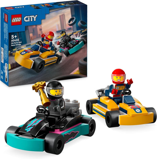 LEGO City Go-Karts cu piloți, set cu 2 minifigurine de piloți și mașini de curse, jucărie pentru mașini de la 5 ani pentru băieți și fete, cadou distractiv pentru copii 60400