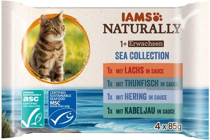 IAMS Naturally Senior Cat Food Wet in Sauce - Hrană umedă de înaltă calitate cu carne și pește pentru pisici în vârstă, Land & Sea Collection, 12 X 85 G
