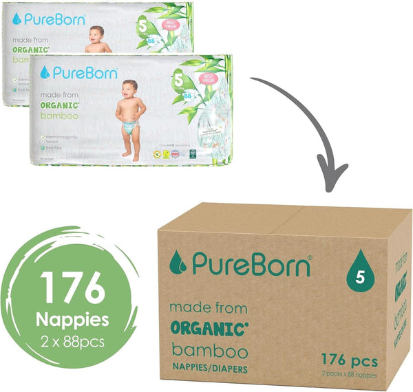 Pureborn Eco Bio-Bambus Windeln, Größe 5 (11-18 Kg), 176 Stück (2 X 88), Umweltfreundlich, Hypoallergen, Ultraweich, Mit Nässeindikator, Diverser Aufdruck