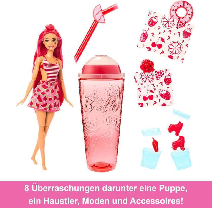 Barbie Pop Reveal Fruit - păpușă cu păr roșcat în aromă de pepene roșu, 8 surprize, fată squishy parfumată, păr și machiaj care își schimbă culoarea, pentru copii de la 3 ani, HNW43