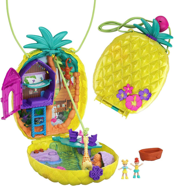 Polly Pocket GKJ64 - Cutie de buzunar cu ananas, portabilă, cu 8 funcții distractive, păpușile Polly și Purple, 2 accesorii și foaie de autocolante; jucărie pentru copii de 4 ani și peste