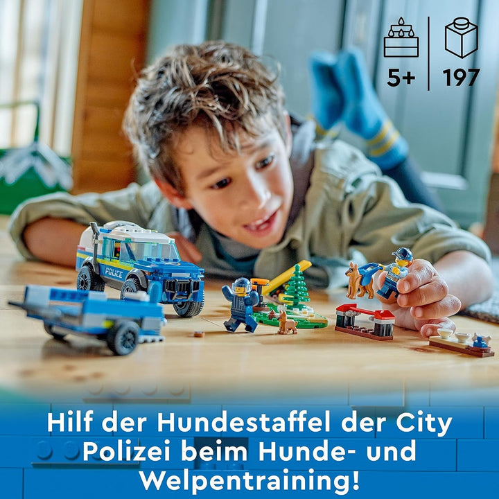 LEGO 60369 City Mobile Police Dog Training, mașină de poliție jucărie cu remorcă, figuri câine și cățel, set de animale pentru copii 5+ ani