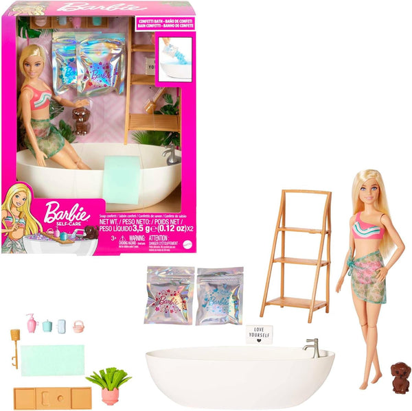 Barbie Self-Care Series, Confetti Bath, păpușă Barbie cu păr blond, costum de baie, cățeluș, 2 pachete de săpun Confetti, accesorii Barbie, 1X păpușă Barbie inclusă, potrivită ca un cadou, Hkt92