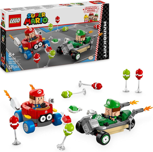 LEGO Mario Kart - Baby Mario Vs. Baby Luigi, figuri Nintendo de colecționat, 2 vitezomani de jucărie construibile, cadou pentru băieți, fete și gameri cu vârsta peste 8 ani, jucărie de aventură 72034
