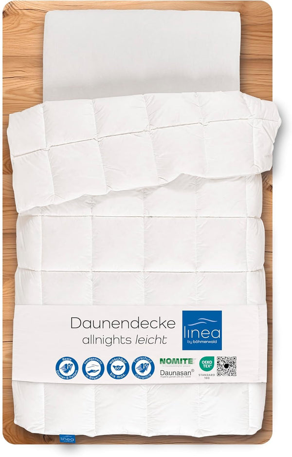 Allnights - Plapumă confortabilă ușoară, 135X200, 100% pene noi și puf, potrivită pentru alergici, lavabilă până la 60°C, fabricată în Germania