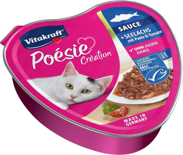 Vitakraft Poésie Création, hrană umedă pentru pisici, hrană umedă pentru pisici în sos, cu somon, cu paste și roșii, fără adaos de zahăr și cereale (1X 85G)