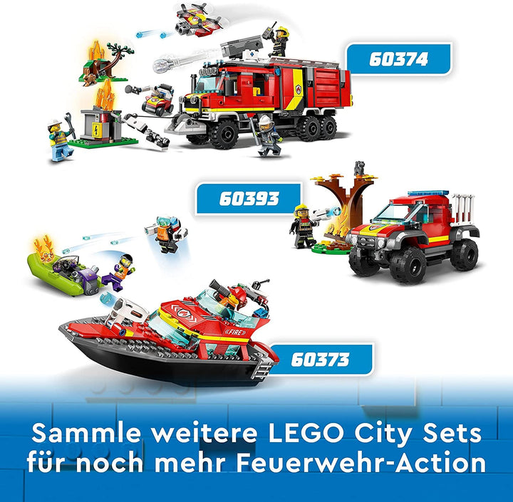 LEGO 60374 City Fire Brigade Command Vehicle, jucărie modernă cu camion de pompieri, cu drone de stingere a incendiilor, cu figuri pentru copii