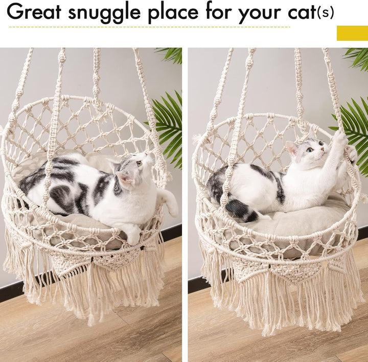 MEWOOFUN Hamac pentru pisici, țesut manual, din macrame - Leagăn pentru pisici de interior, pat decorativ suspendat pentru dormit, joacă și relaxare - Cuib de pisică, leagăn pentru animale de companie cu