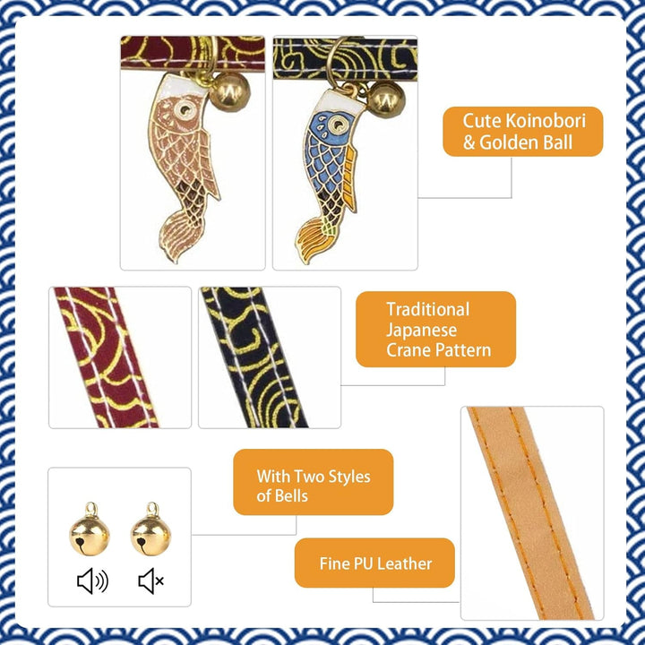 Zgardă pentru pisică cu cataramă cu eliberare rapidă | Zgardă din piele pentru pisică | Lucrată manual | Cu clopoțel | Bilă aurie | Design japonez | Reglabilă | 2 bucăți