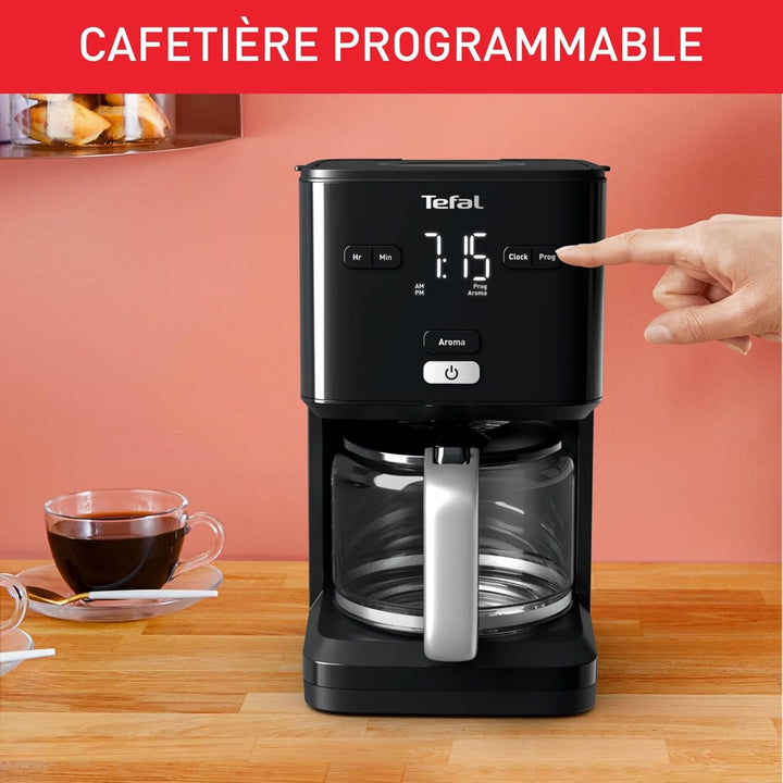 TEFAL SMART'N LIGHT Cafetieră electrică neagră, 1,25 L, programabilă, 24 ore, funcție aromă după 30 minute, fără picurare, CM600810
