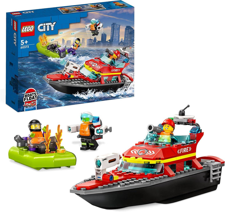LEGO 60373 City Fire Boat, jucărie care plutește în apă, cu barcă de curse, 3 minifigurine și Jetpack, idee de cadou pentru băieți și fete de la 5 ani în sus