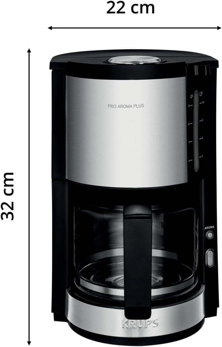 Cafetieră cu filtru Krups KM3210 Pro Aroma plus, 10 cești, 1,25 litri, funcție de menținere a căldurii timp de 30 de minute, fereastră vizibilă pentru nivelul apei, sistem anti-picurare, negru Cu aplicații din oțel inoxidabil