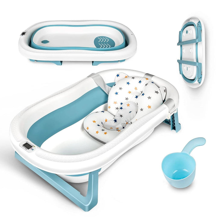 Einesin Groß XXL Faltbare Baby Badewanne Mit Integriertem Thermometer, Baby Wanne Inkl. Badewanneneinsatz Baby, Baby-Haarwaschbecher, Babybadewanne Faltbar Für Babys 0-6 Jahre, Blau