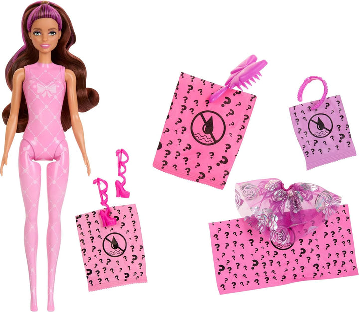 Păpușă Barbie Colour Reveal și accesorii, seria balerină, 6 surprize de desfăcut, inclusiv schimbarea culorii, inspirată de tendința principală de balet (stilurile pot varia), HRK17
