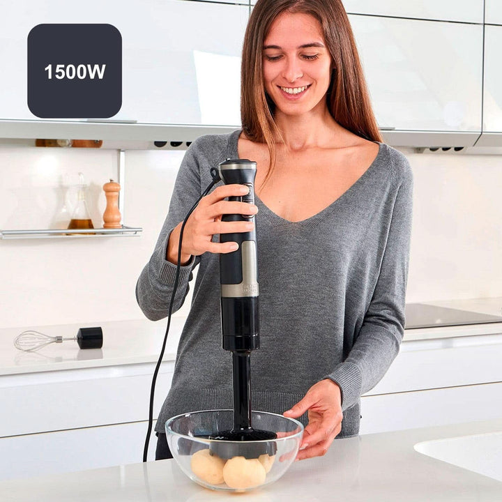 BLACK+DECKER Stabmixer | BXHBA1500E | 1500 Watt | 20 Geschwindigkeiten | Turbo | Edelstahl | Spritzschutz | Inklusive Pürieraufsatz, Schneebesen, Zerkleinerer Und Messbecher