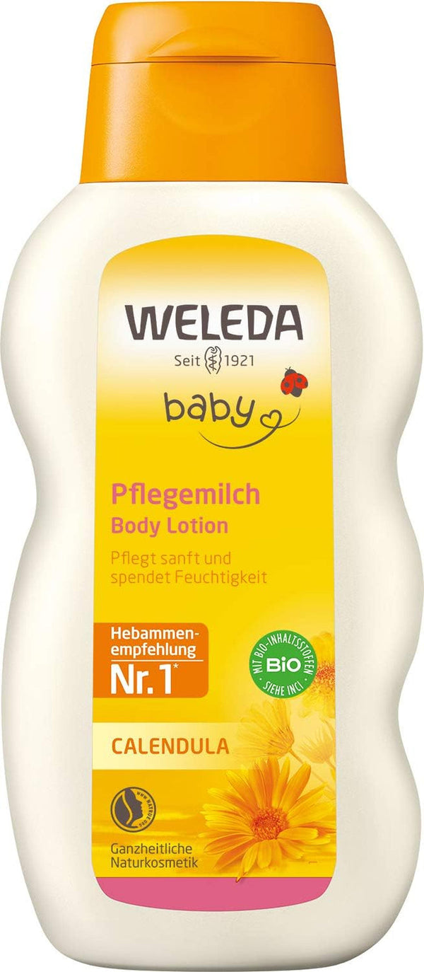 WELEDA Organic Baby Calendula Care Milk - Loțiune de corp cosmetică naturală cu ulei de migdale și ceară de albine pentru îngrijirea și curățarea pielii uscate a bebelușilor. Loțiune delicată de îngrijire a pielii pentru bebeluși și copii (1x 200ml)
