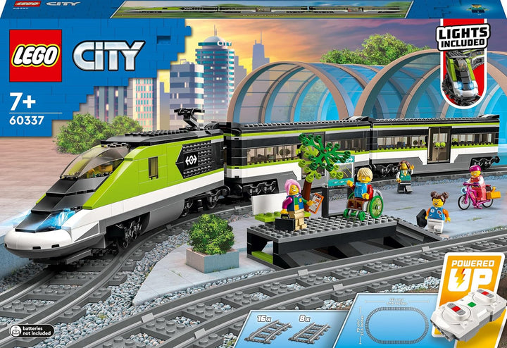 LEGO City Passenger Express Train, set cu tren controlat de la distanță, jucărie feroviară cu faruri, 2 vagoane și 24 de elemente de cale, cadou pentru copii, băieți și fete 60337