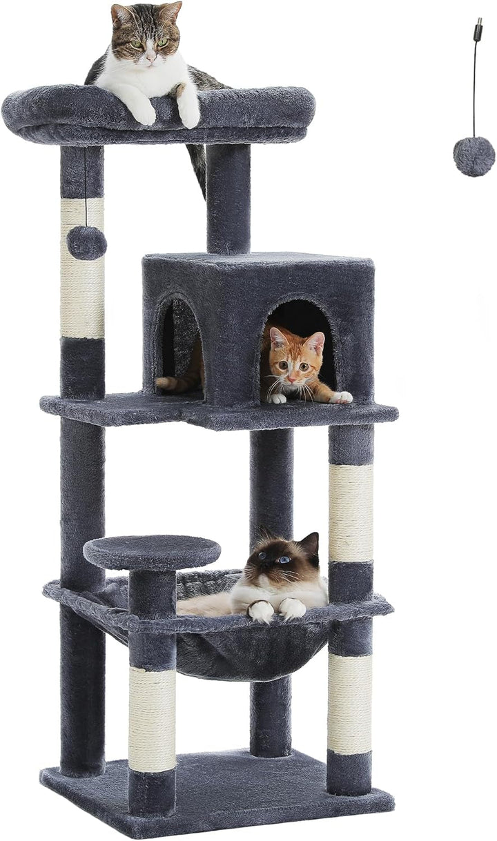 PAWZ Road, arbore pentru pisici cu hamac metalic din pluș, turn pentru pisici adulte cu căsuță tip condominiu cu 2 uși, gri, 116 cm
