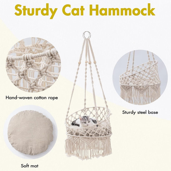 MEWOOFUN Hamac pentru pisici, țesut manual, din macrame - Leagăn pentru pisici de interior, pat decorativ suspendat pentru dormit, joacă și relaxare - Cuib de pisică, leagăn pentru animale de companie cu