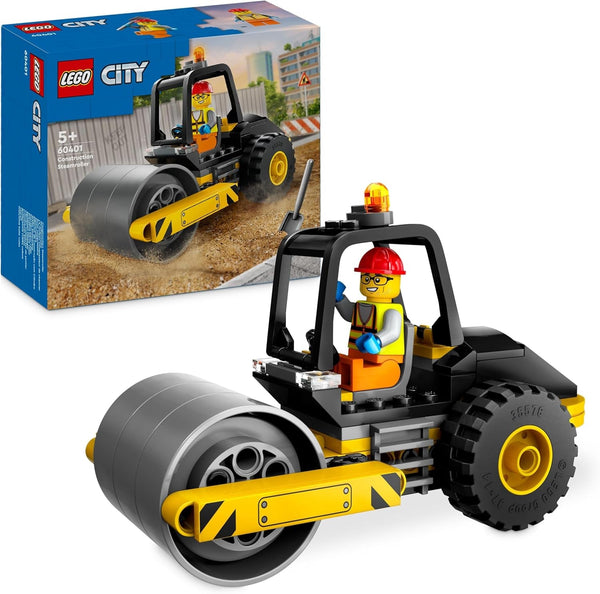 LEGO City Road Roller, vehicul de șantier pentru copii de la 5 ani, jucărie cu role cu aburi cu minifigurină de muncitor în construcții, experiență de joacă imaginativă pentru băieți și fete, mic, cadou distractiv 60401