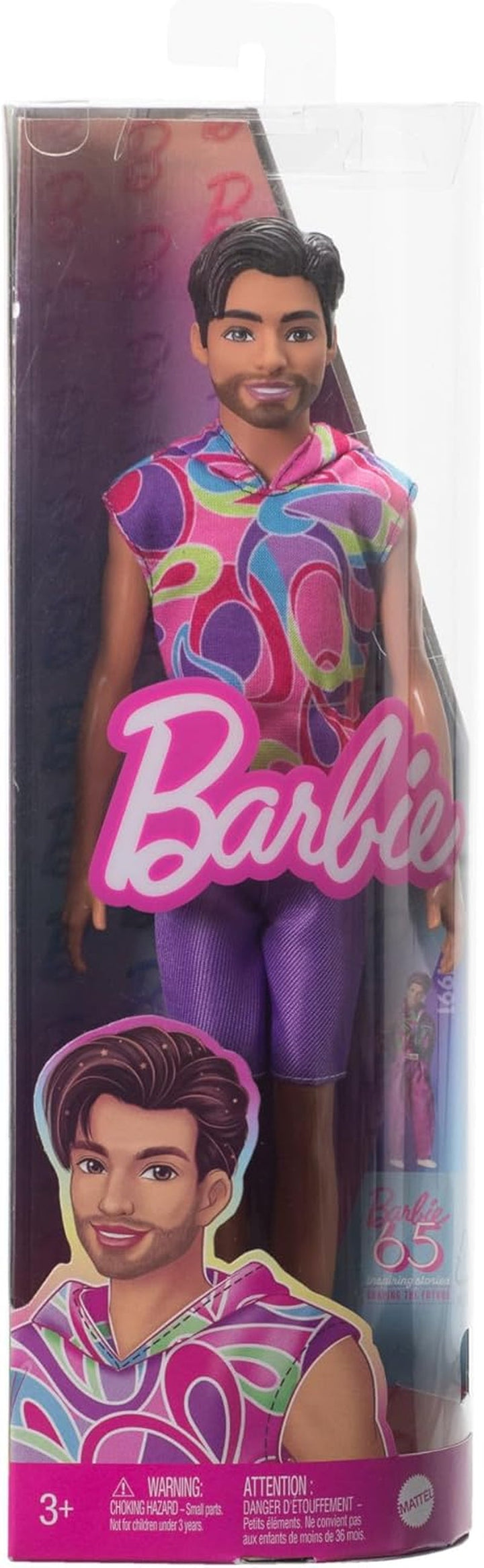 Barbie Fashionistas Ken Doll nr. 227 cu ținută care amintește de aspectul total al părului, păpușă de modă brunetă cu barbă scurtă și fizic subțire, 65th Anniversary Collectible Figure, HRH26