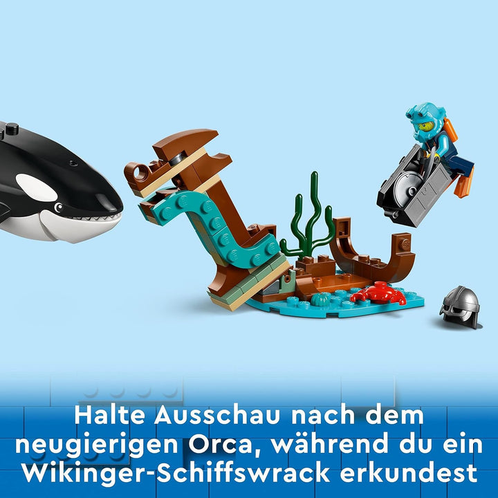 LEGO City Arctic Research Ship, barcă mare de jucărie plutitoare cu elicopter, barcă pneumatică, submarin Rov, epavă vikingă, 7 minifigurine și figură Orca, cadou pentru copii cu vârsta de 7+ 60368