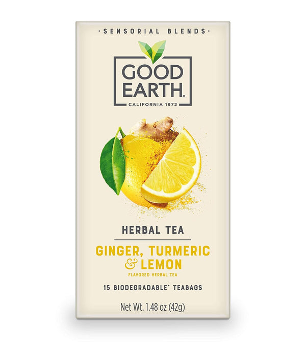 Good Earth Sensorials Ginger, Turmeric & Lemon Herbal Tea 15 Ct Box Tea USA Naty Shop Ginger, Turmeric And Lemon Herbal Tea 15 Count (Pack Of 1)
