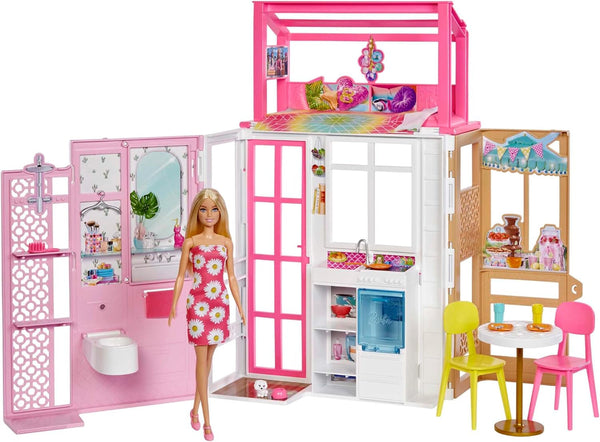 Casă de păpuși Barbie (70.6 X 51.4 Cm) cu 4 zone de joacă, accesorii și mobilier complet mobilate, rotativă 360°, pliabilă, păpușă, cadou pentru copii de la 3 ani, HHY40