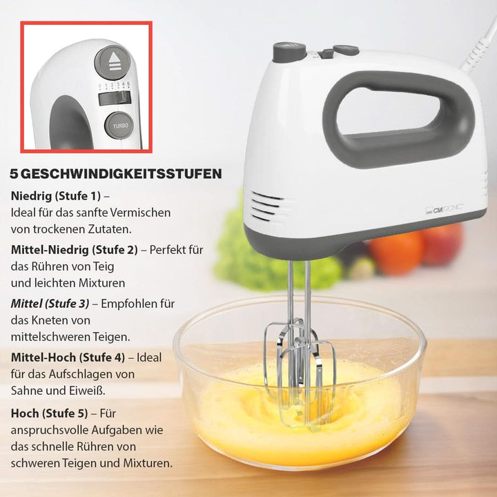 Clatronic Mixer | Kraftvoller 400 Watt-Motor | Handmixer | Turbostufe & 5 Geschwindigkeitsstufen | Handrührgerät | Spülmaschinengeeignete Edelstahlquirle Und -Knethaken | HM 3775