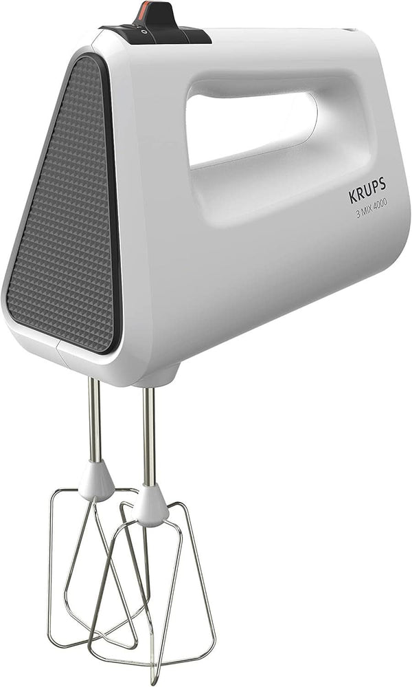 Krups GN4001 3 Mix 4000 Handmixer | 450 Watt | Robustes Design | Variabler Geschwindigkeitsregler | Turbo- Und Auswurf-Funktion | Inkl. 2 Rührbesen Und 2 Knethaken | Weiß/Grau