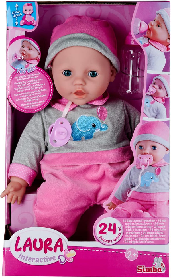 Simba 105140066 - Laura Interactiv, păpușă cu corp moale cu ochi adormiți, bolborosește când se mișcă, bea din biberon și doarme, 40cm, păpușă de la 2 ani