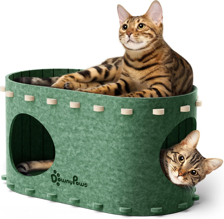 Peșteră pentru pisici Downypaws din fetru, pat pentru pisici cu 2 niveluri, căsuță tip castel pentru joacă, design cald, protecție pentru unghiile pisicii, bej