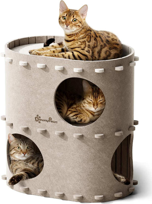 Peșteră pentru pisici Downypaws din fetru, pat pentru pisici cu 2 niveluri, căsuță tip castel pentru joacă, design cald, protecție pentru unghiile pisicii, bej