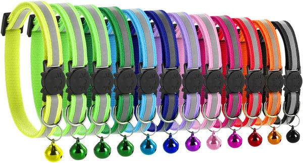 Set de 12 zgărzi pentru pisici cu clopoțel, fluorescente reflectorizante cu cataramă de siguranță/eliberare rapidă, reglabile 19-32 cm, potrivite pentru majoritatea pisicilor domestice
