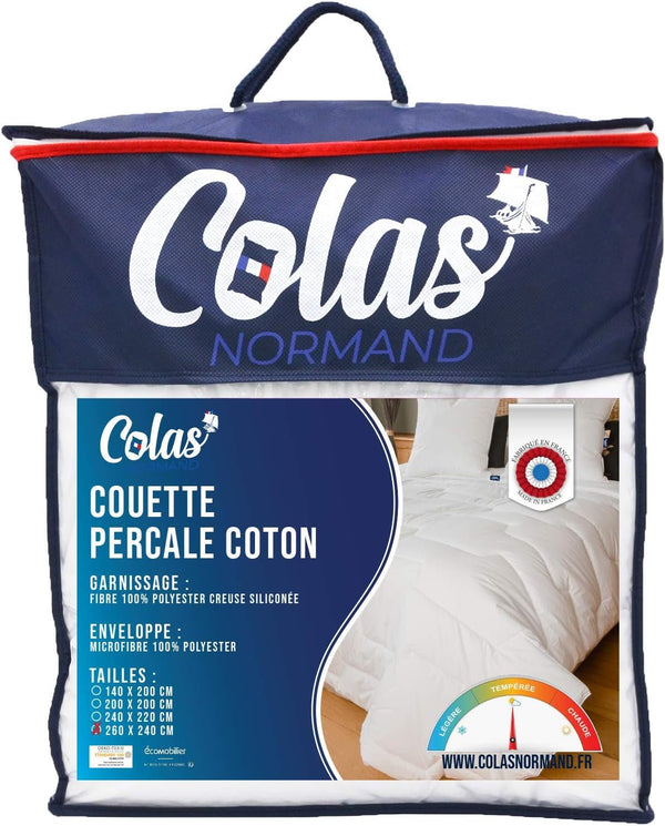 COLAS NORMAND Plapumă din bumbac Percale, 260 X 240 cm, de înaltă calitate, 100% bumbac Percale, moale și confortabil, durabil, finisaj fin, fabricat în Franța, alb