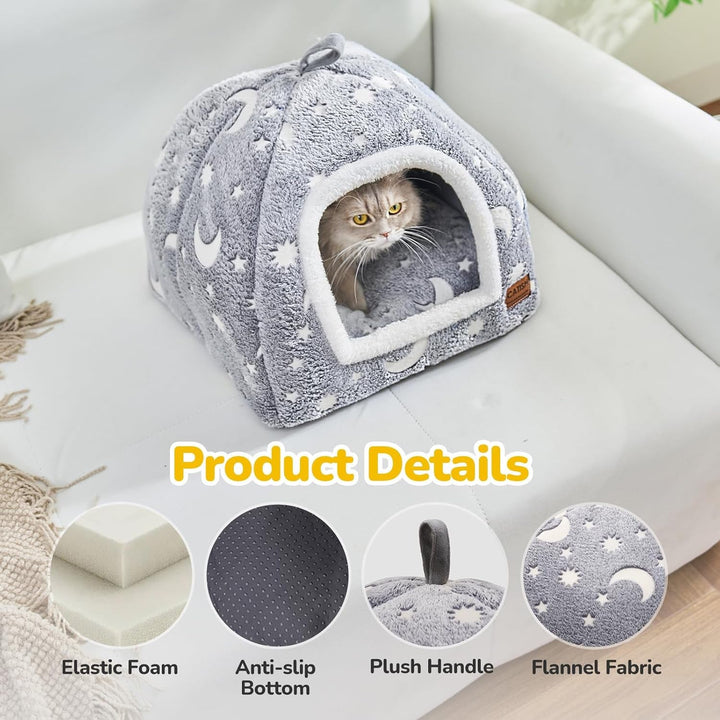 CATISM Peșteră Fluorescentă pentru Pisici - 40 x 40 x 38 cm Pat Luminos pentru Pisici Căsuță pentru Pisici Peșteră Pufoasă, Pliabilă, Lavabilă Loc de Dormit Confortabil pentru Pisici, Pisici, Căței, cu Pernă Detașabilă
