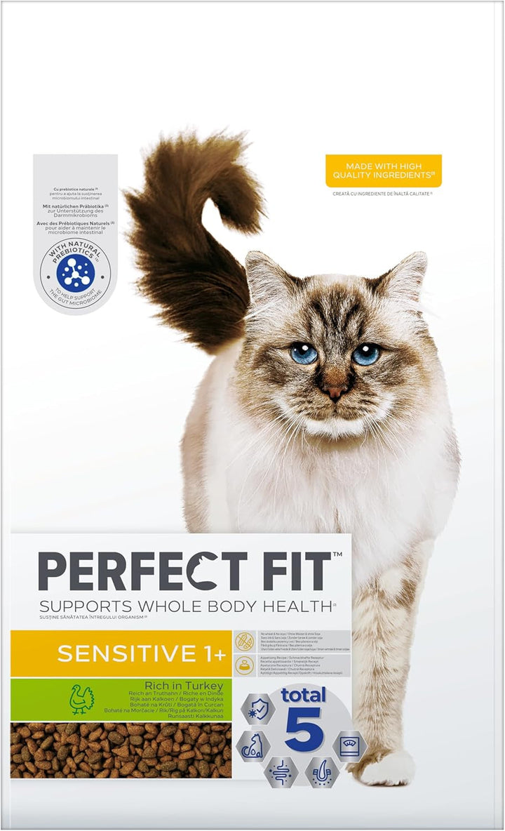Hrană uscată pentru adulți PERFECT FIT pentru pisici sensibile de peste 1 an - curcan, 7 kg (1 pungă)